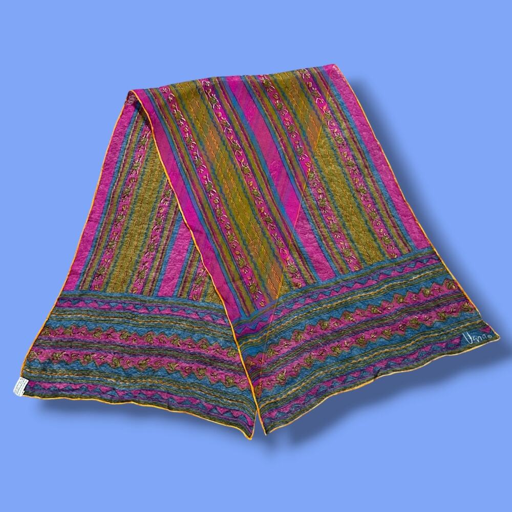 Vintage Vera Scarf Verasheer Made in Japan Silk Floral Striped Handrolled 44x14